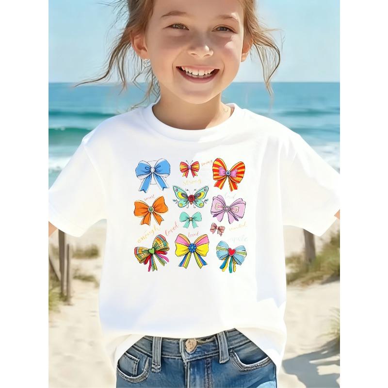 Girls Crew Neck Short Sleeve T-Shirt with Colorful Bows & Butterflies Print