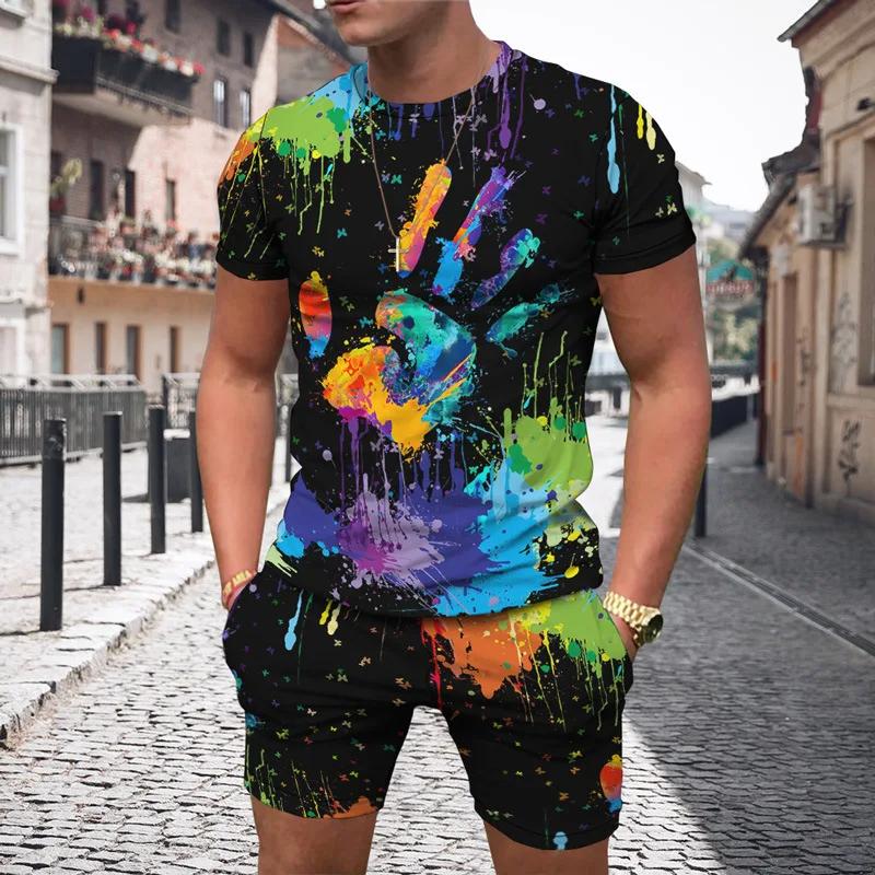 3D Print Multicolor Pattern Summer Men Tracksuits Short Sleeve T-Shirt Suit Fashion Sports 2 Piece Tracksuit Male Clothes