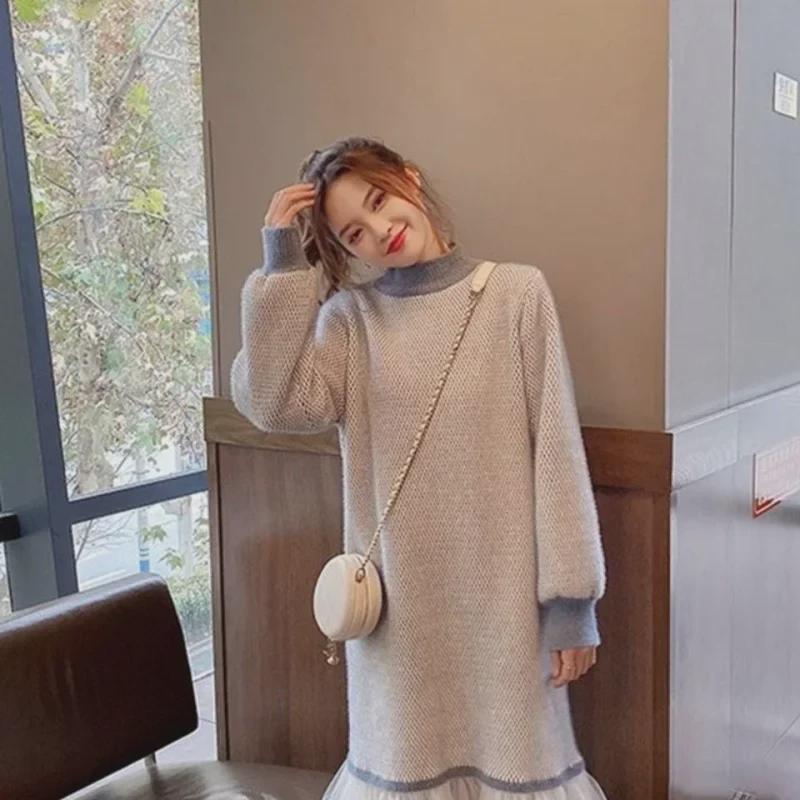 2024 Fall/Winter French Style Knee-Length Knitted Dress Coat with Inner Skirt and Sweater for Children