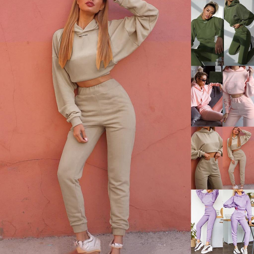 Women's Casual Solid Color Long Sleeved Short Hoodie Trousers Sports Suit
