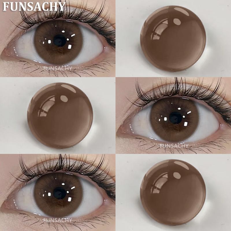 FUNSACHY2pcs Brown Colored Contacts Lenses with Myopia 0~-8.00 Degree Yearly Beauty Cosmetic Makeup Pupils 14.5mm Blue Eye Lens