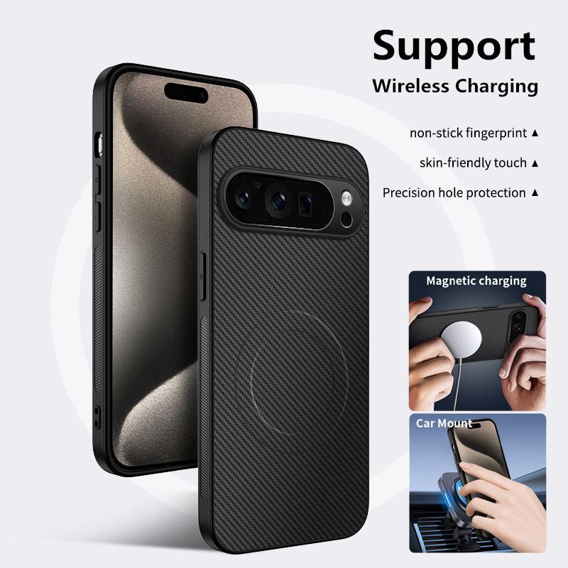 Magnetic Wireless Charging Phone Case For Google Pixel 7 8 Pro 6A Lens Protection Matte Carbon Fiber Pattern Silicone Cover Case