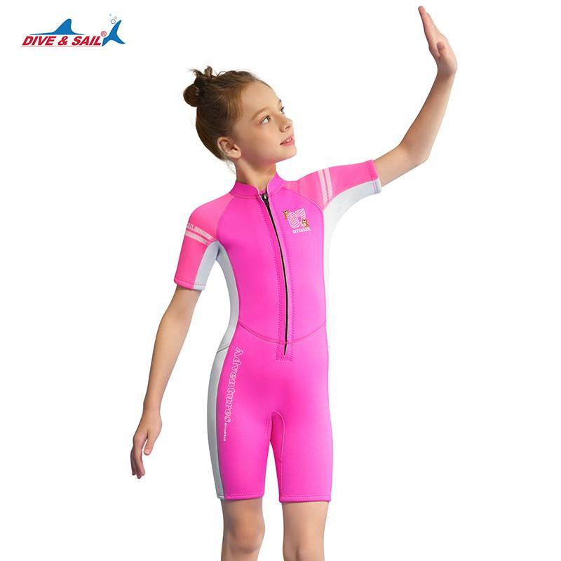 Girls 2.5mm Neoprene Wetsuit Swimming Diving Warmth Short Sleeve One-Piece Kids Swimwear Pink