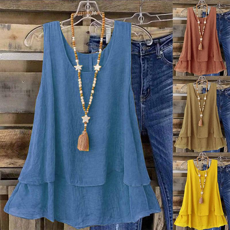 2025 Women's Summer New Solid Color Casual Sleeveless U-Neck Fake Two Layers T-Shirt