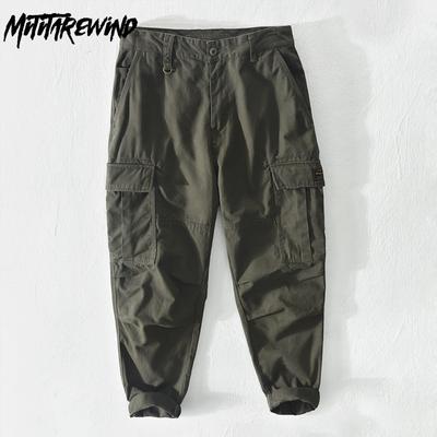 Брюки-карго в американском стиле, мужские, весна/осень, из чистого хлопка, повседневные брюки с несколькими карманами, однотонные, зауженные, длинные, модная мужская одежда