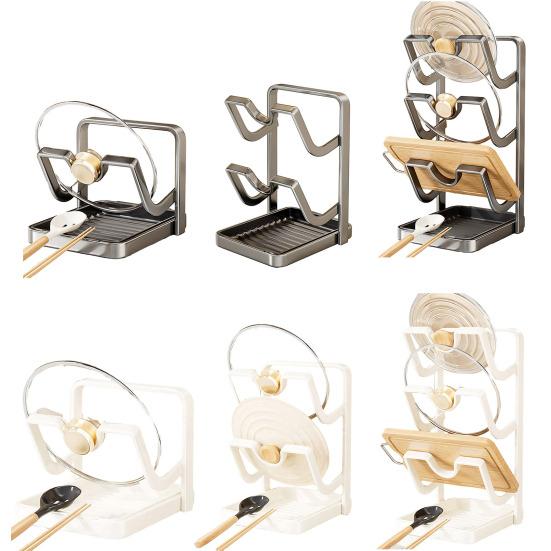 Yousheng Настольный органайзер для крышек от кастрюль, подставка для хранения крышек от сковородок со съемным поддоном для капель и подставкой для ложки, органайзер для кухонной столешницы во время приготовления пищи для крышек