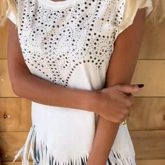 Women T-shirt Round Neck Short Sleeve Tee Shirt with Hot Rhinestones Printing Tassel Hem Solid Color Pullover Tops