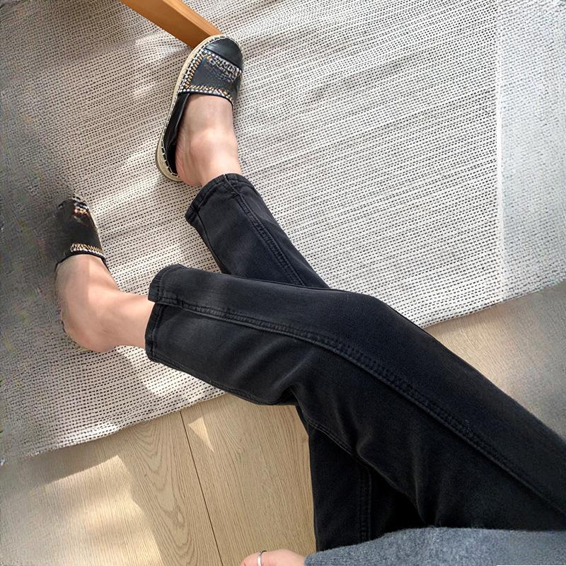 Black Split High-waisted Jeans Women's Autumn and Winter Pear-shaped Figure Fashion Stretch Straight Plus Velvet Nine-point Jeans