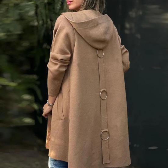 Осенне-зимняя женская шерстяная куртка с капюшоном, средней длины, с украшением в виде кольца на спине, однобортная, с длинными рукавами, однотонная, для ежедневных поездок на работу, пальто