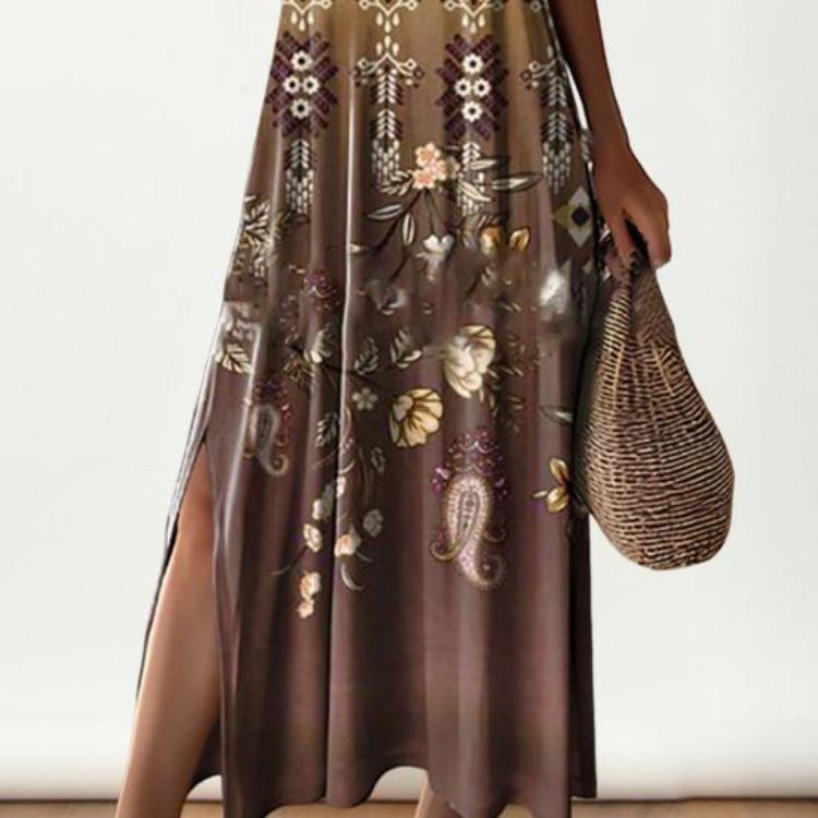 Summer Women Dress Retro Ethnic Style V Neck Short Sleeves Loose A-line Colorful Print Soft Beach Vacation Maxi Dress Ankle Length Side Split