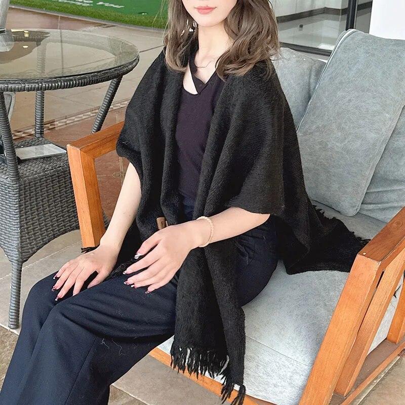 Japanese Korean Tassel Big Pendulum Cardigan Cape Autumn Loose Poncho Women Faux Cashmere Cloak Out Streetwear