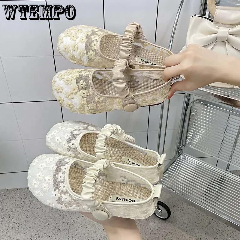 Дышащая женская обувь из сетчатой ​​ткани с вышивкой и узором, туфли на мягкой подошве из льна, простые повседневные туфли в стиле ретро, ​​весна-лето