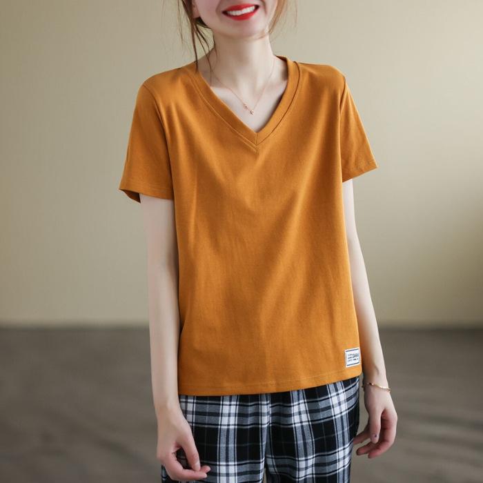 Новая летняя футболка с коротким рукавом для женщин, свободная, с V-образным вырезом, повседневная, с нашивками, базовая, топ, литературное и комфортное ощущение, свободная