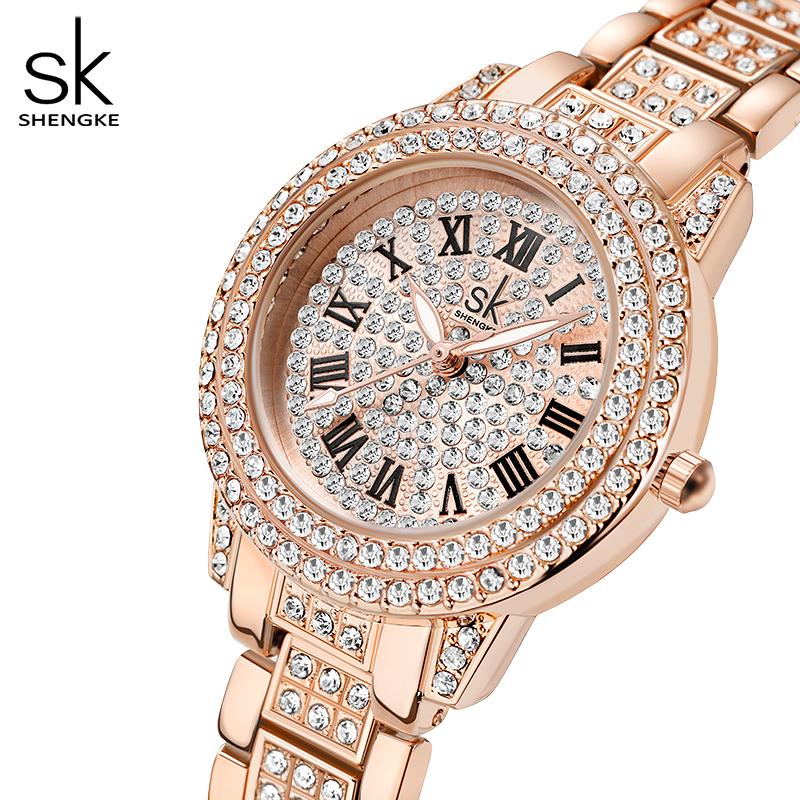 SHENGKE Роскошные роскошные женские кварцевые часы Relogio Feminino, украшенные кристаллами розового золота, романтические цветные часы