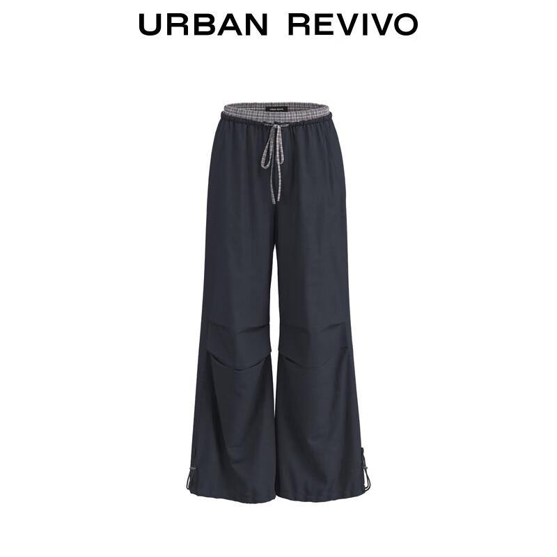 UR Women's Casual Plaid Patchwork Drawstring Wide-Leg Pants