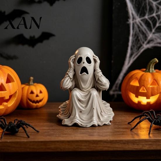 Desktop Halloween Decor Ghost Figurine, Scary Face Statue, Resin Spooky Wrinkled Robe Statue White Decoration for Indoor Home, Office, Desk Ornament