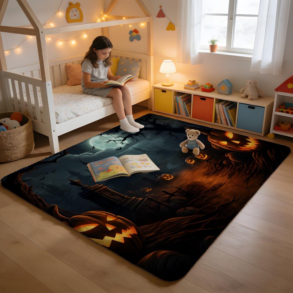Floor Mat Soft Flannel Rug Non-Slip Absorbent Mat for Bathroom Bedroom Home Decor Happpy Halloween Pumpkin Bat