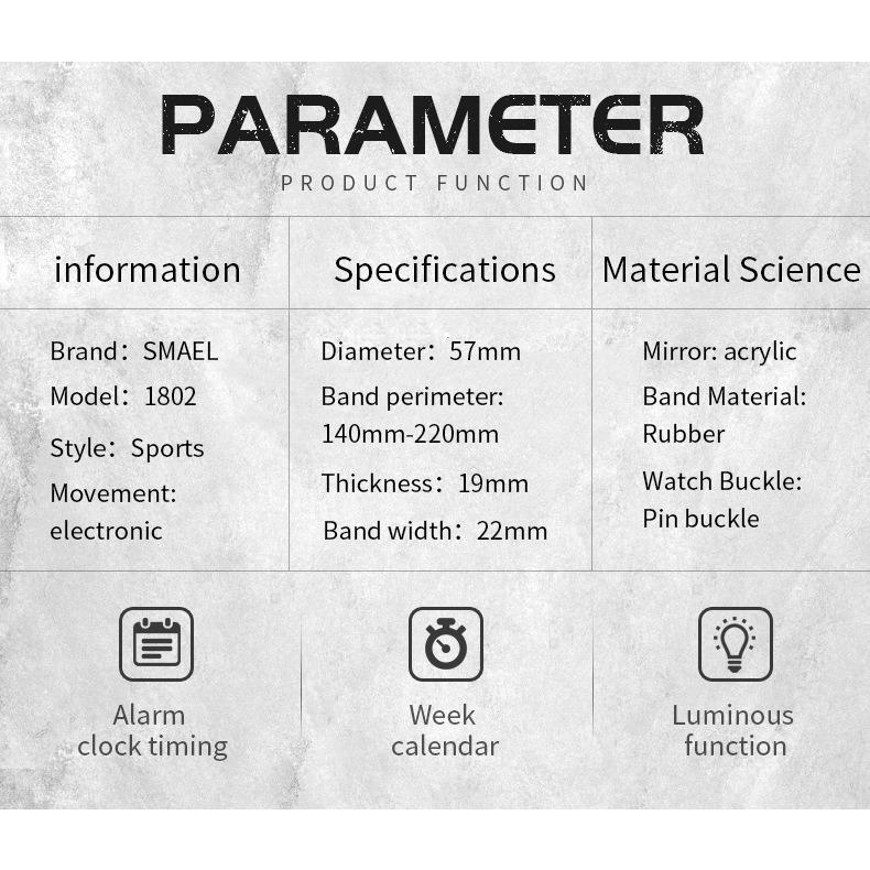 SMAEL Watch Мужские спортивные повседневные водонепроницаемые многофункциональные электронные часы
