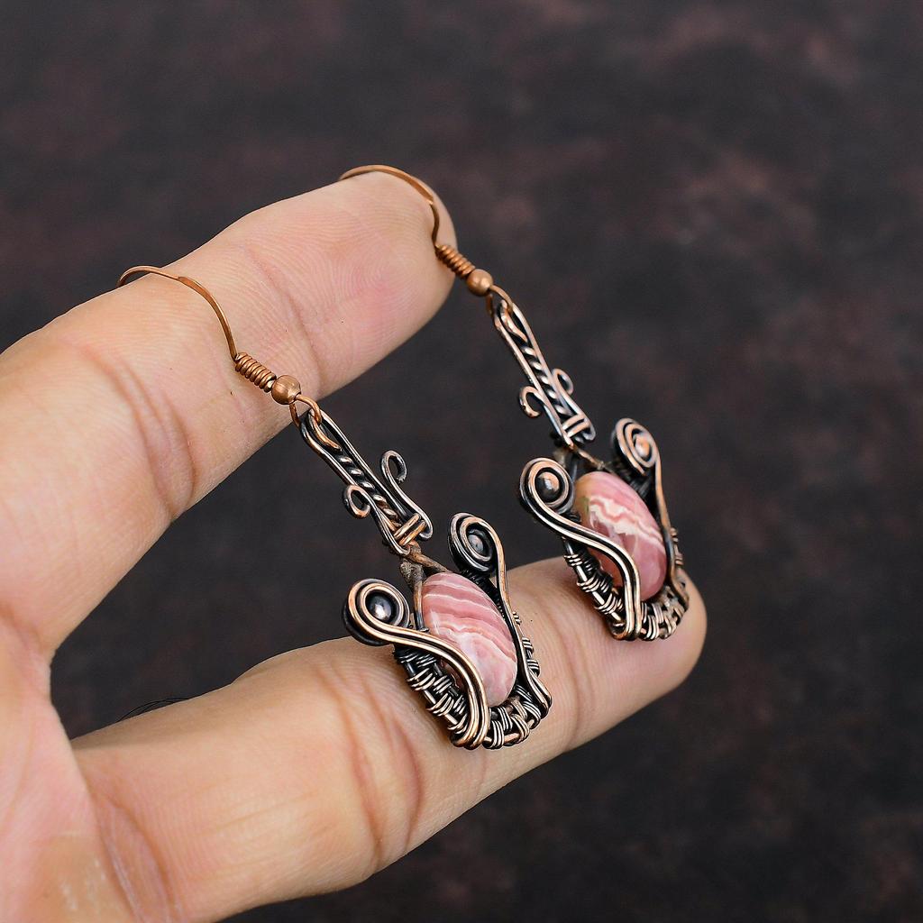 Серьги из родохрозита, медные серьги с проволочной обмоткой, драгоценные камни, медные украшения, серьги ручной работы, уникальные стильные серьги для подарка, ювелирные изделия с проволочной обмоткой