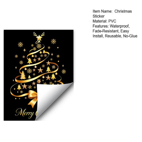 Removable PVC Window Stickers Gold Ribbon Christmas Tree Static Cling, Glass Sticker with Bow, Reindeer Xmas Elk Starlight Decals Antler & Star
