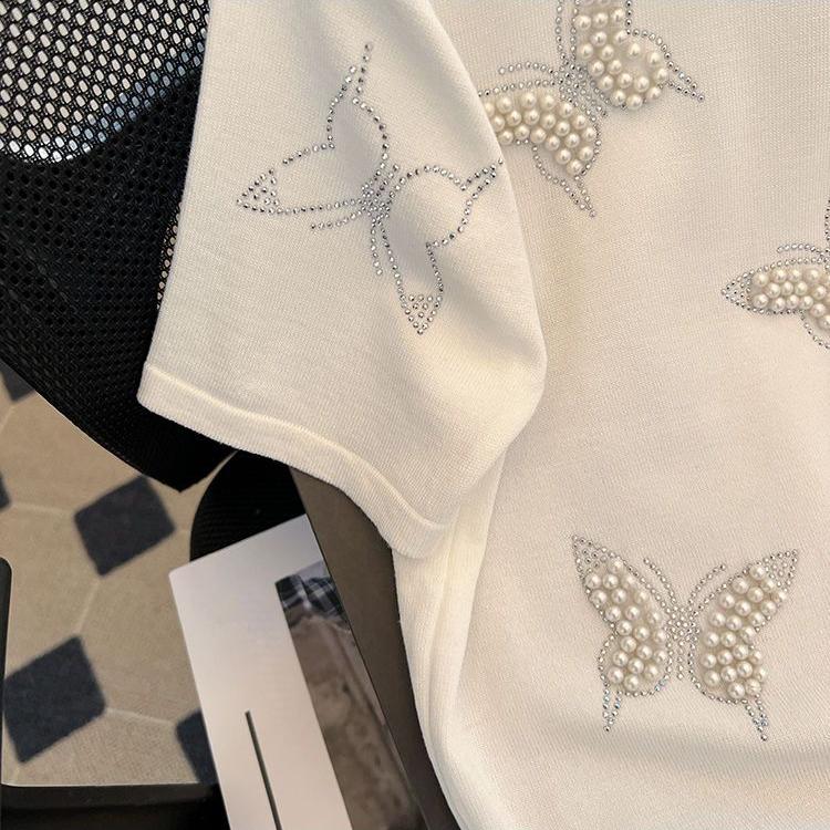 Short Sleeve Knitted T-shirts Women Summer Pullover Top Loose Chic Butterfly Nail Bead Fashion Casual Soft Women's Clothing