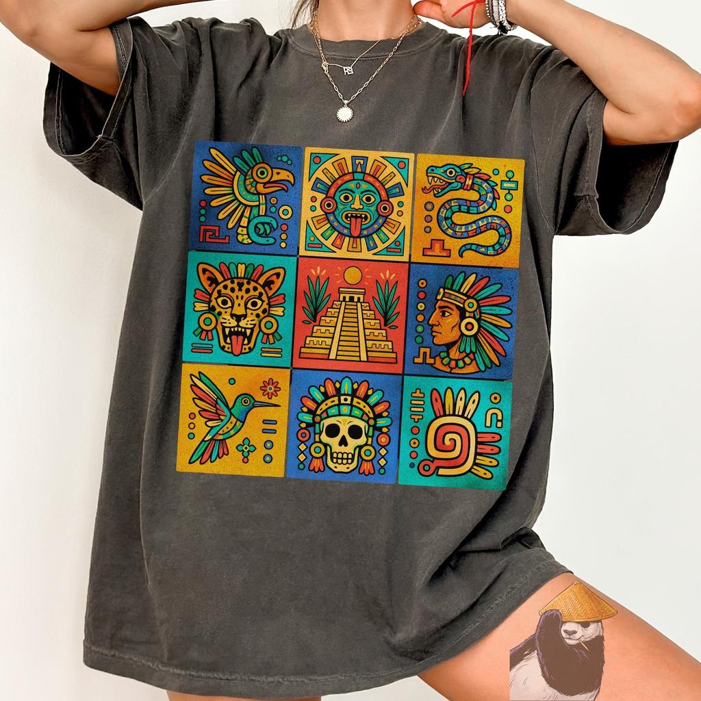 Aztec Art Shirt Comfort Colors® Vintage Clothing Gift Mayan Symbols Temple Jaguar Skull Heritage