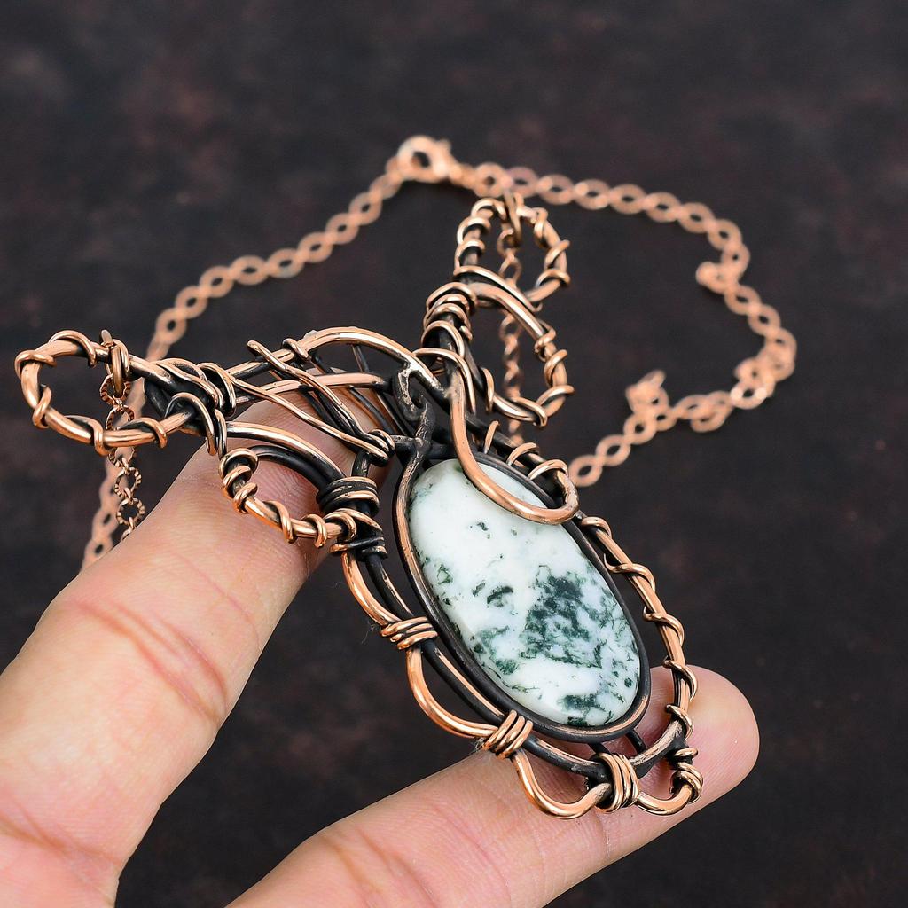 Ожерелье из агата из дерева, ожерелье из медной проволоки, уникальное медное ювелирное изделие, регулируемое ожерелье из цепочки ручной работы, ожерелье из драгоценных камней, подарки для друга