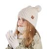 Kids Winter Hat Gloves Scarf Set Cold Weather Knitted Bear Hat with Pom Fleece Lined Neck Warmer Mitten Set for Girls Boys Ages 4-10