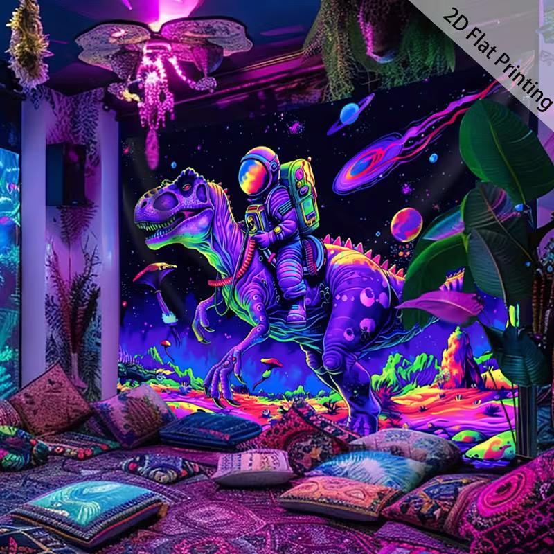 2D Glow in The Dark Astronaut Dinosaur Tapestry, Blacklight Outer Space Wall Hanging for Home Decoration