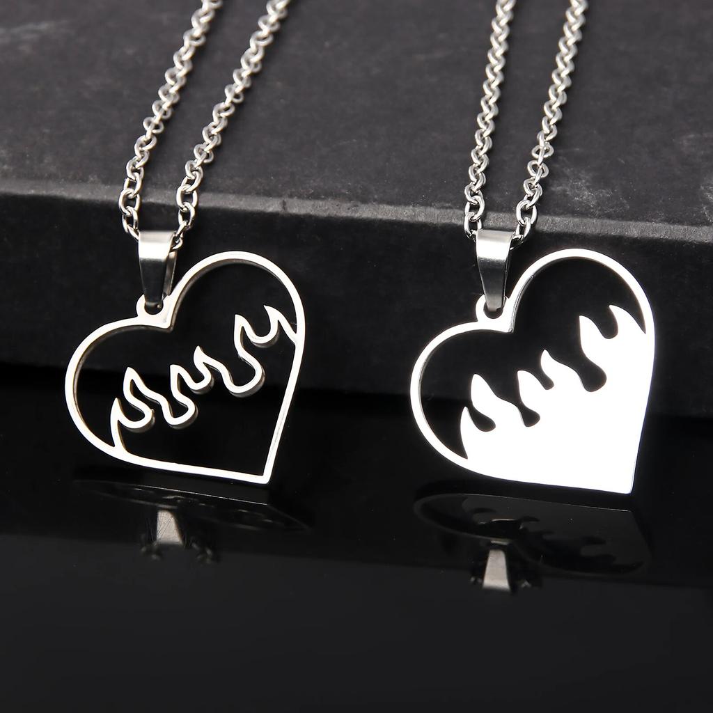 Couple Love Heart Flame Pendant Necklace Sets Gothic Punk Hip Hop Hallow Heart Fire Clavicle Necklace Stainless Steel Jewerly