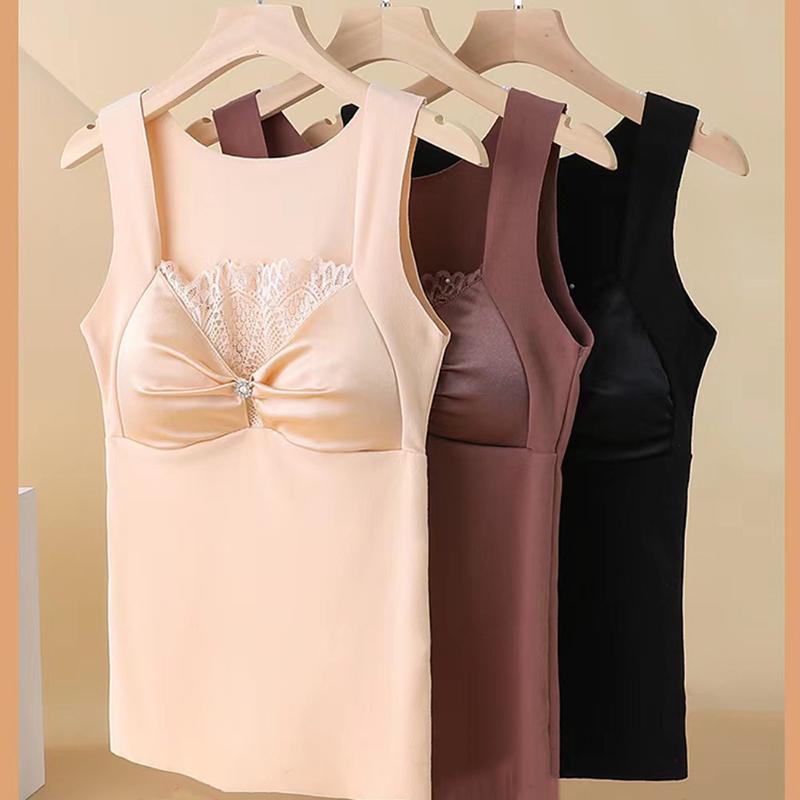 Autumn Winter New Lace Bra Women's Tank Top Integrated Heat-Resisting Plush Thickened and Traceless Warm Underwear Sleeveless