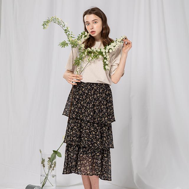 Raon Flower Cancan Midi Skirt (Bk)