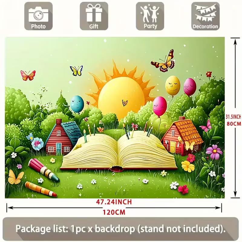 2D Magical Storybook Backdrop, Cartoon Open Book with Sun and Butterflies Background for Kids Birthday & Art Party