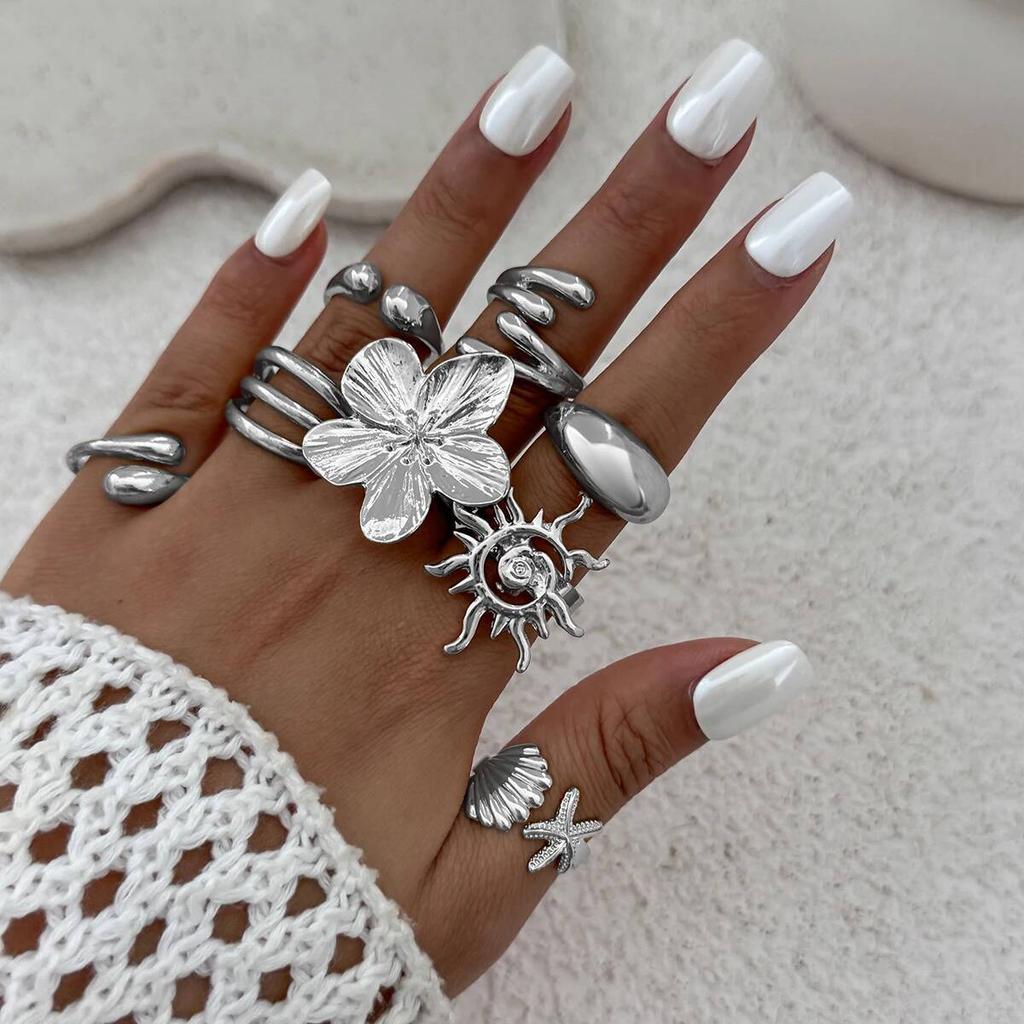Ingemark 8Pcs/Set Creative Sunflower Scallop Open Rings for Women New Trend Vintage Irregular Water Drop Ring Couple Jewelry Men