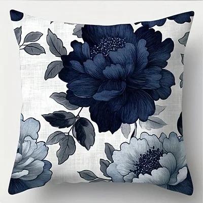 Navy blue peony flower pillowcase elegant peony sea anemone printed polyester sofa cushion retro blue and white flower home de