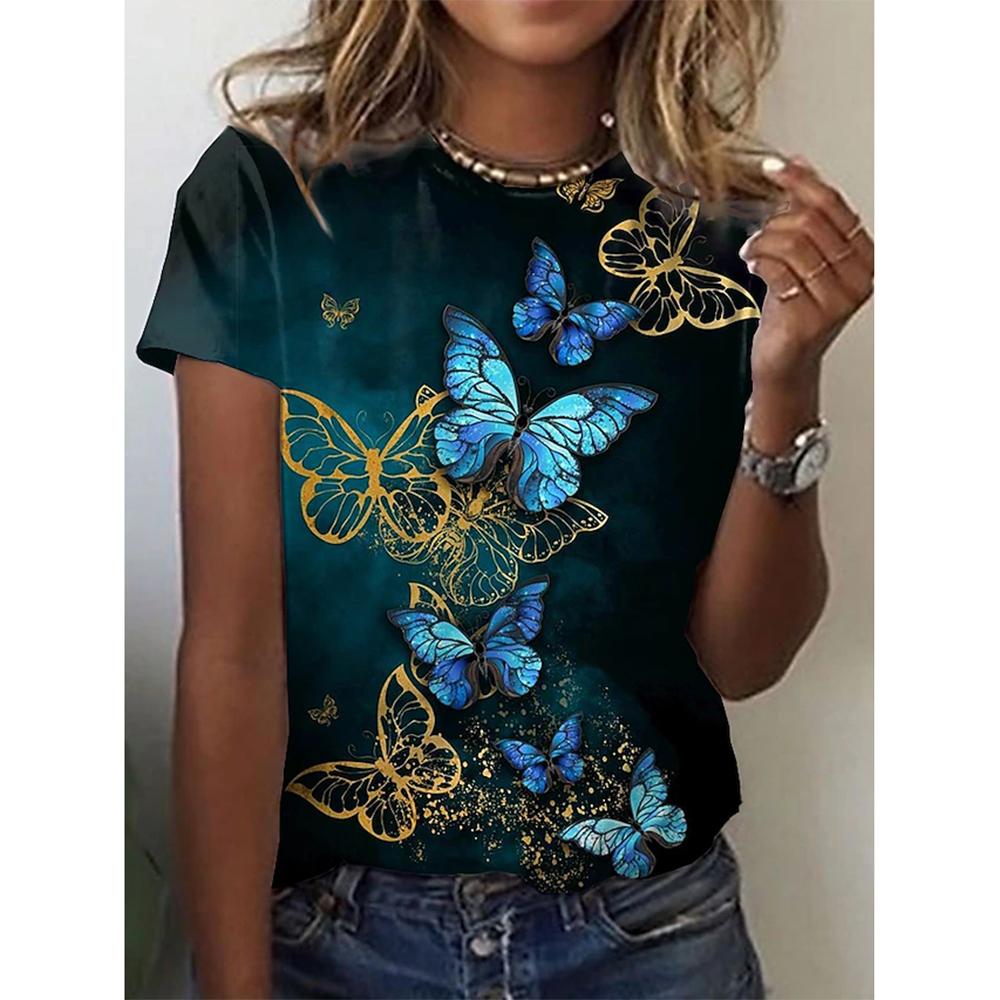 New O-neck 3d Butterfly Print T-shirt Women's Summer Fashion Short-sleeved Blouse Oversized Summer Clothing