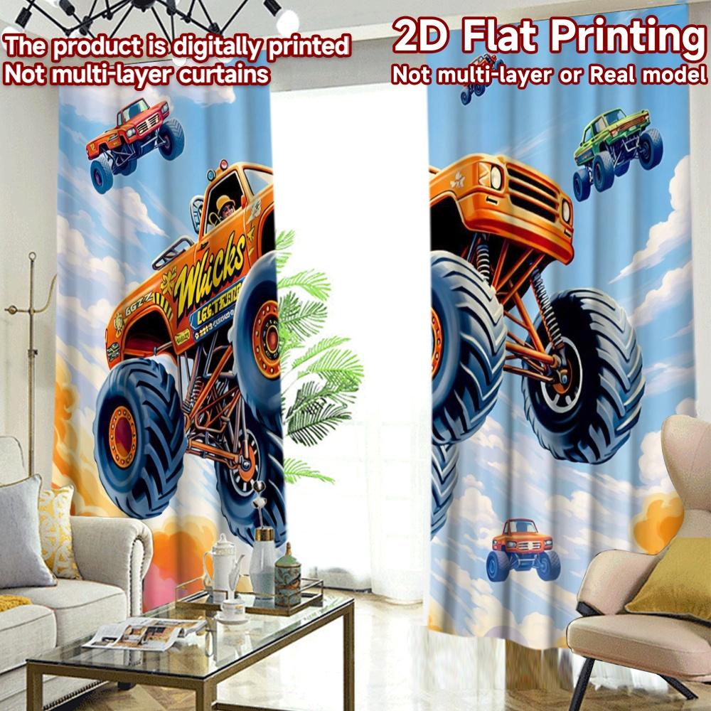 2D FLAT PRINTING 2pcs Curtains (Without Rod) Flying Monster Trucks Print Chic Curtains Versatile Polyester Curtains Valentine