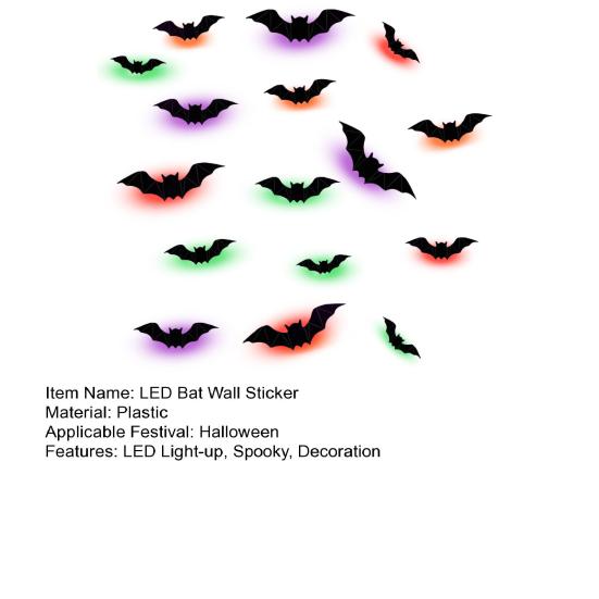 16 Pcs Lighted 3D Bat Sticker LED Halloween Bat Decorative Wall Sticker Light Up Glowing Bat Clings for Bedroom Window Wall Decor
