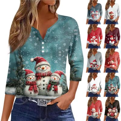Женская футболка с рождественским принтом, на пуговицах, рукав 3/4, повседневная мода на выходные, базовый топ с V-образным вырезом