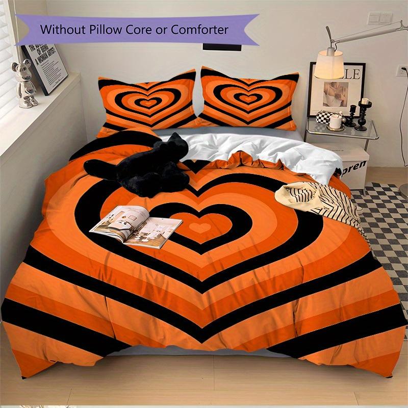 3pcs Orange Heart Pattern Bedding Set, Ideal for Home Use, Suitable for Bedroom Decor (1*Duvet Cover + 1/2*Pillowcases, No Core) yy250821201