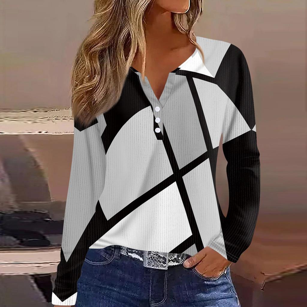 Женская футболка с принтом на пуговицах, длинный рукав, вязаный свитер, повседневный, модный, на выходные, базовый, с V-образным вырезом, обычный топ