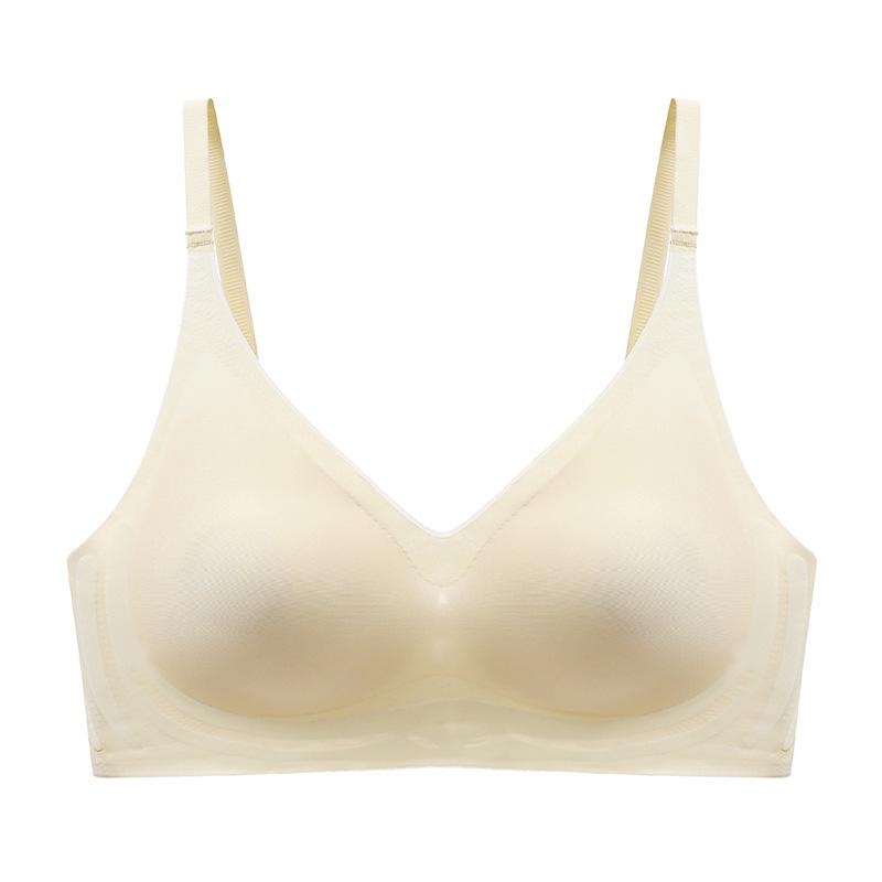 Seamless Ice Silk Nude Women's Underwear: Jelly Soft, Chest-Slimming, Supportive Gathered Bra, Comfortable & Breathable.