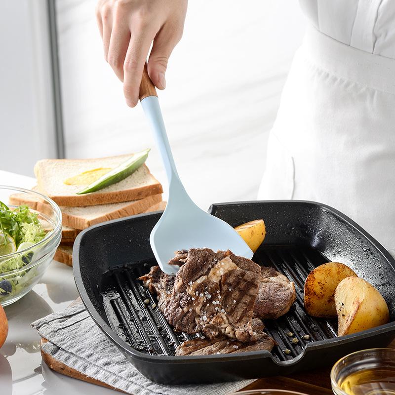 Силиконовая кухонная утварь Лопатка с антипригарным покрытием Посуда с деревянной ручкой и ящиком для хранения Половник Венчики для взбивания яиц Лопатка для супа