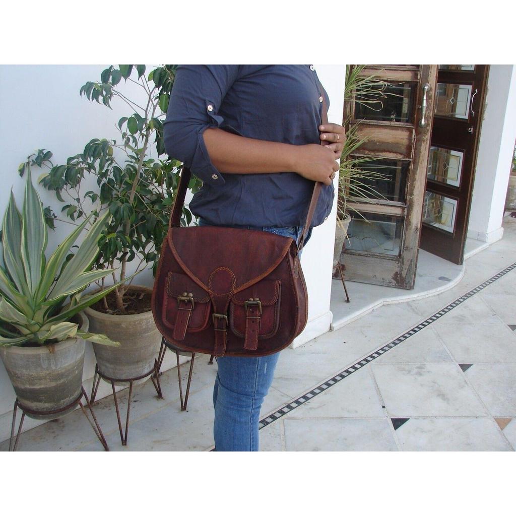 Classic Genuine Brown Handmade Goat Leather Women Crossbody Sling Tote Satchel