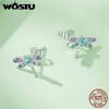 WOSTU 925 Sterling Silver Mini Flower Butterfly Bird Bee Stud Earrings Rainbow Moonstone Kitty Cat Ear Studs Girl Party Jewelry