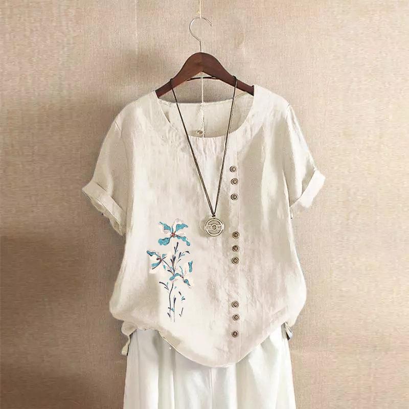 Ретро большие размеры повседневная свободная хлопковая льняная футболка с короткими рукавами женская одежда из хлопка и льна женская одежда больших размеров