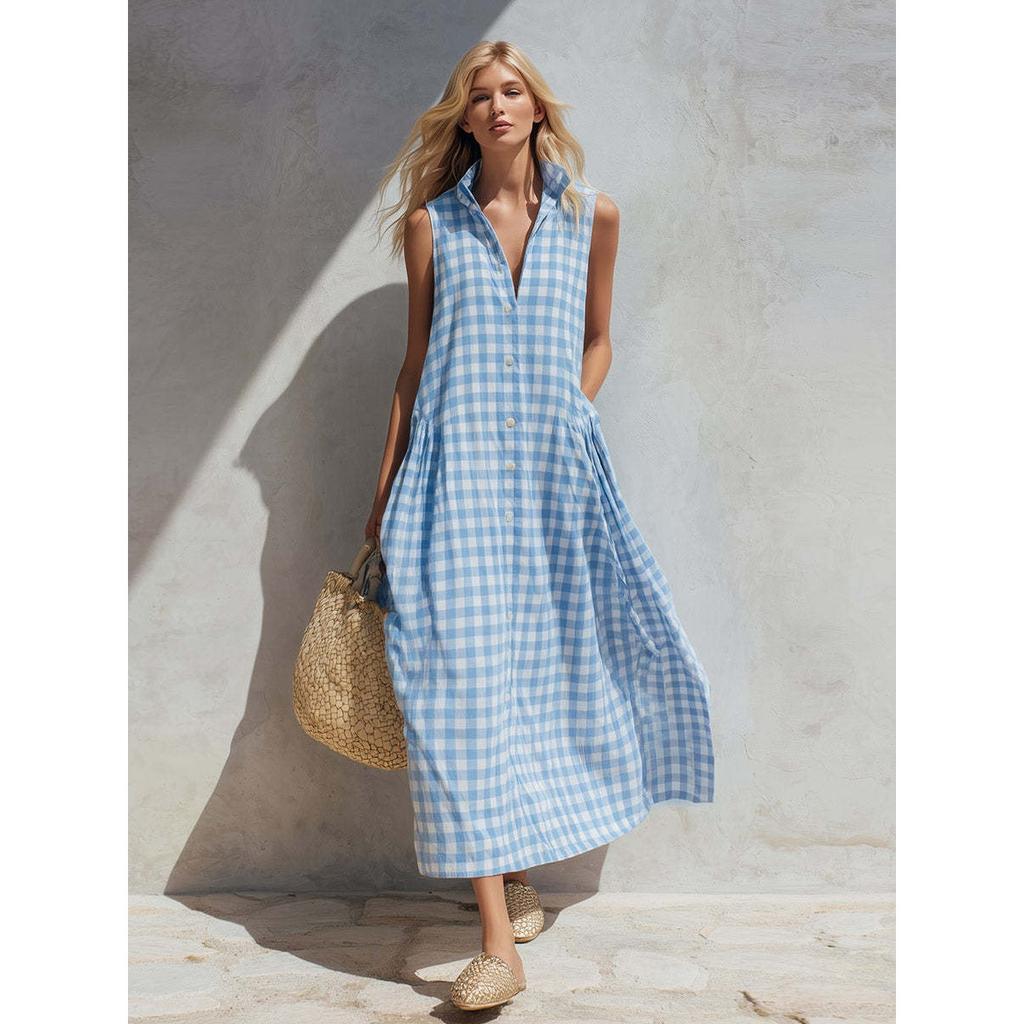 Women's Collar Sleeveless Loose Straight Waist Gingham Plaid Button Front Maxi Dress Beach Vacation Sundress
