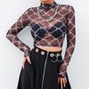 Mesh Tee Shirt Femme Sexy Long Sleeve Crop Top Chain Print T Shirt Women Streetwear Vintage Fishnet Top T-shirt  New Arrival