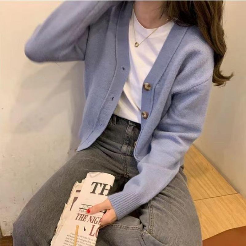 Кардиган, женский свитер с v-образным вырезом, повседневный и универсальный осенне-зимний повседневный однотонный вязаный свитер с v-образным вырезом и длинными рукавами, женский топ