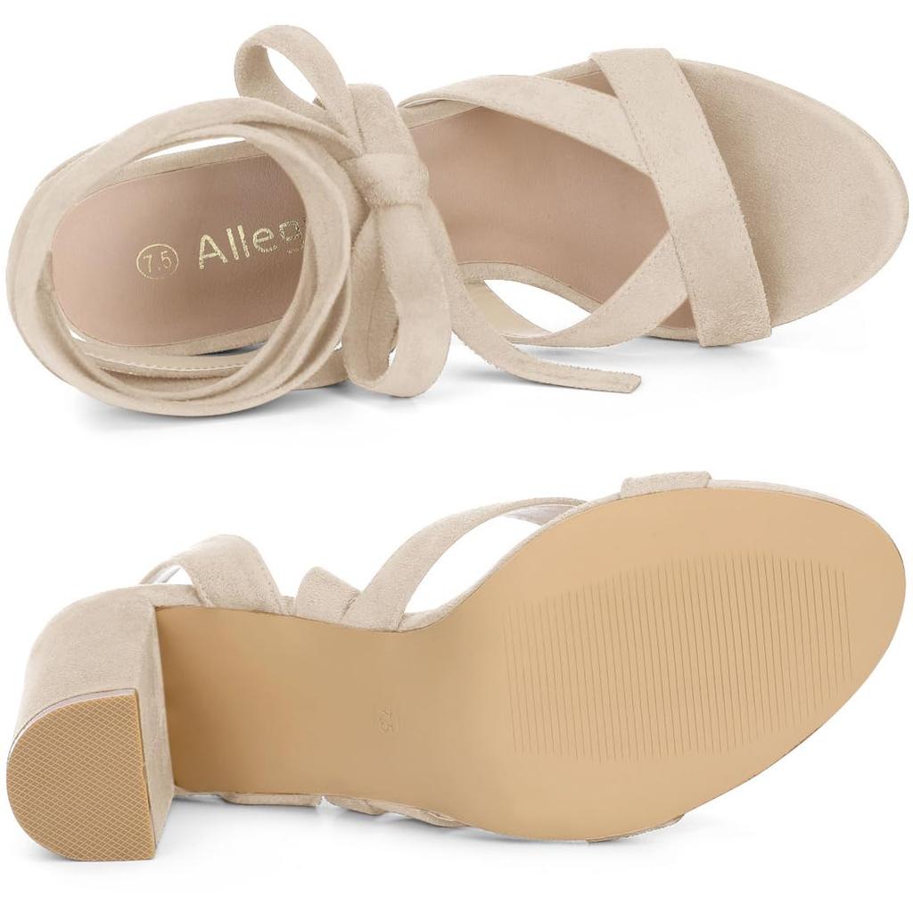 Allegra K Women's Lace-Up Sandals, Open Toe, Crisscross, Chunky Heel, Beige, Size 25.5cm